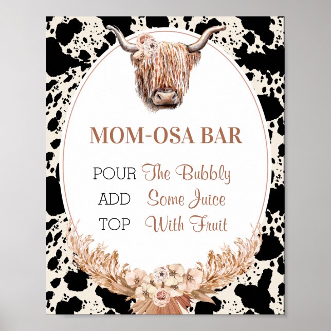 Boho Floral Cow Mum-osa Bar Baby Shower Sign (Front)
