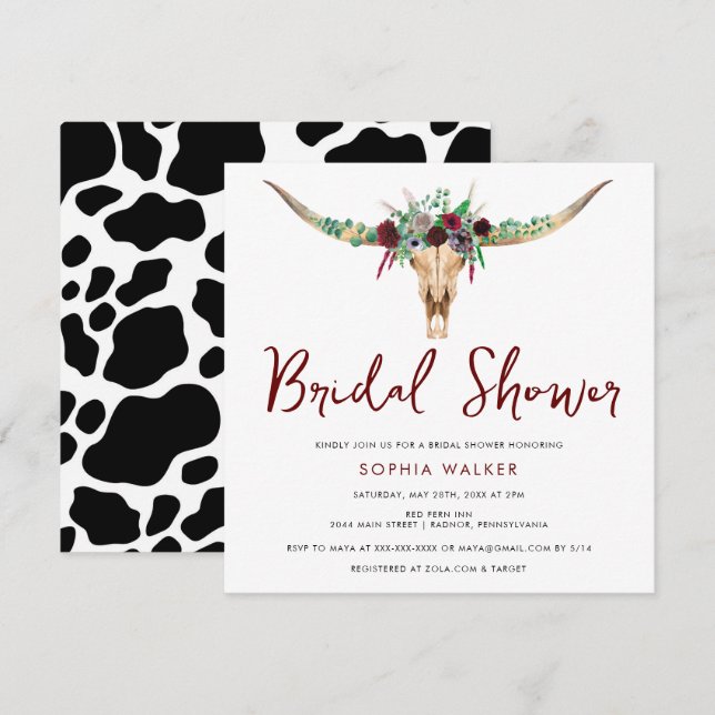 Boho Floral Cow Print Western Bridal Shower  Invitation (Front/Back)