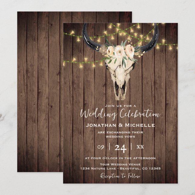 Boho Floral Cow Skull and Lights on Wood Wedding Invitation (Front/Back)