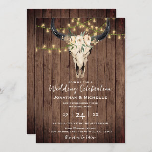 Boho Floral Cow Skull and Lights on Wood Wedding Invitation