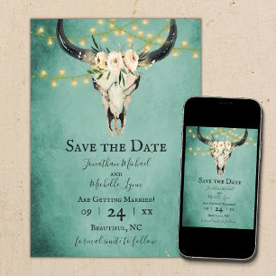 Boho Floral Cow Skull and Lights Turquoise Wedding Save The Date