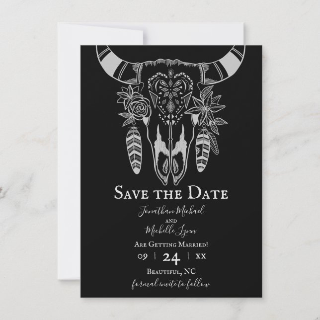Boho Floral Cow Skull Black and White Wedding Save The Date (Front)