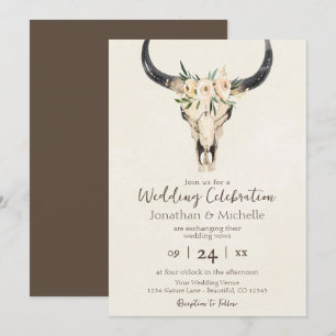 Boho Floral Cow Skull Brown and Cream Wedding Invitation