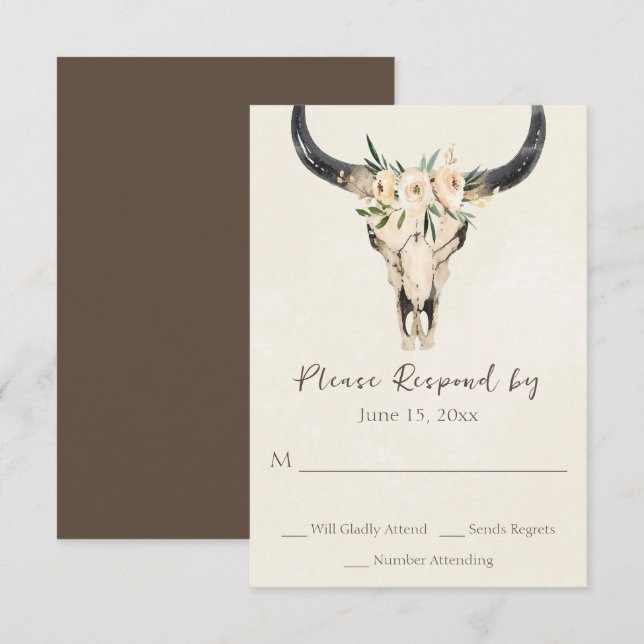 Boho Floral Cow Skull Brown and Cream Wedding RSVP Card (Front/Back)