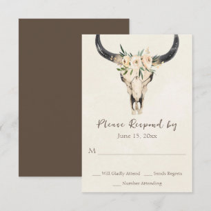 Boho Floral Cow Skull Brown and Cream Wedding RSVP Card