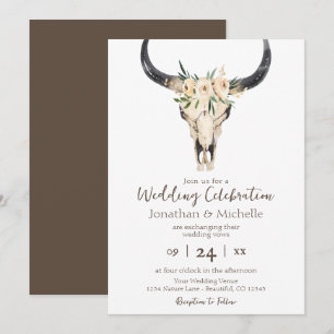 Boho Floral Cow Skull Brown and White Wedding Invitation