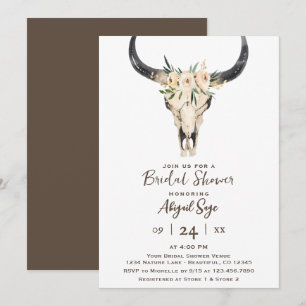 Boho Floral Cow Skull Brown White Bridal Shower Invitation
