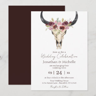 Boho Floral Cow Skull Burgundy and White Wedding Invitation