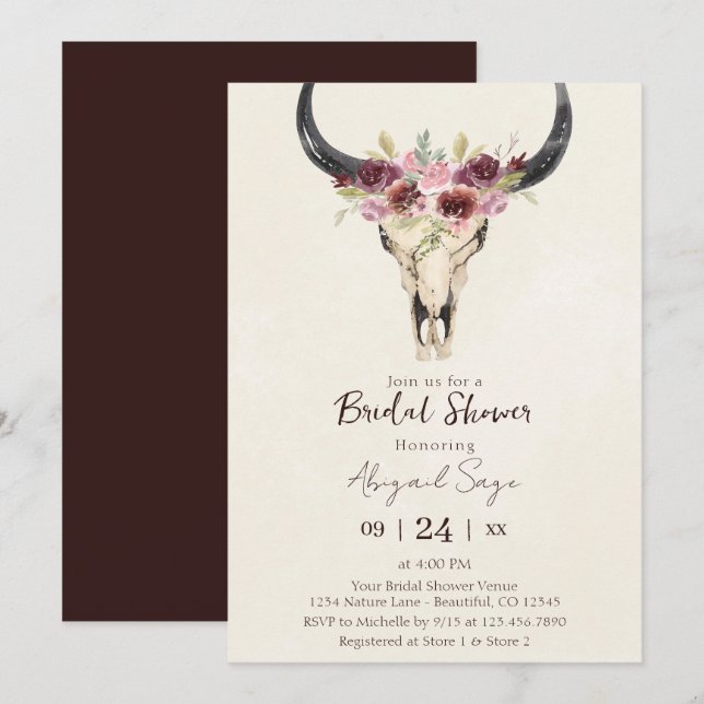 Boho Floral Cow Skull Burgundy Cream Bridal Shower Invitation (Front/Back)