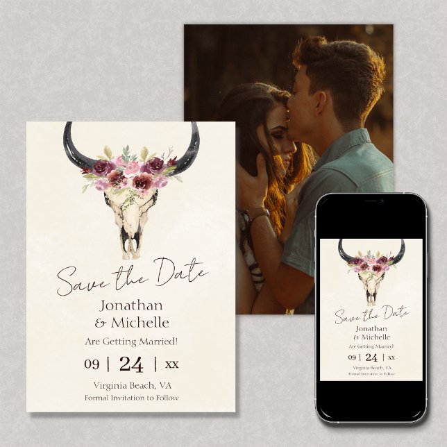 Boho Floral Cow Skull Burgundy PHOTO Wedding Save The Date (Creator Uploaded)