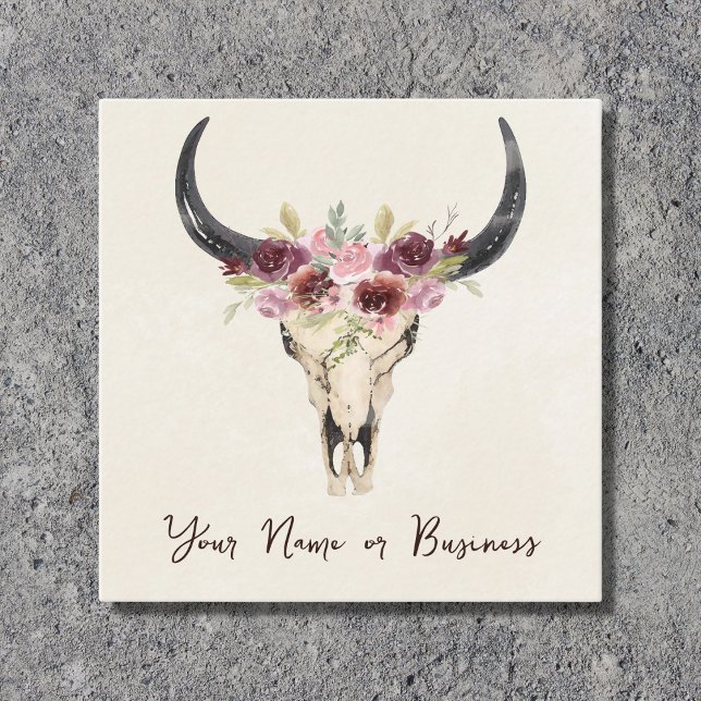 Boho Floral Cow Skull on Natural Cream Square Business Card (Creator Uploaded)