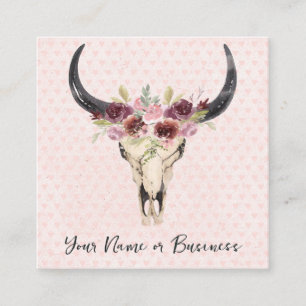 Boho Floral Cow Skull on Pink Hearts Background Square Business Card