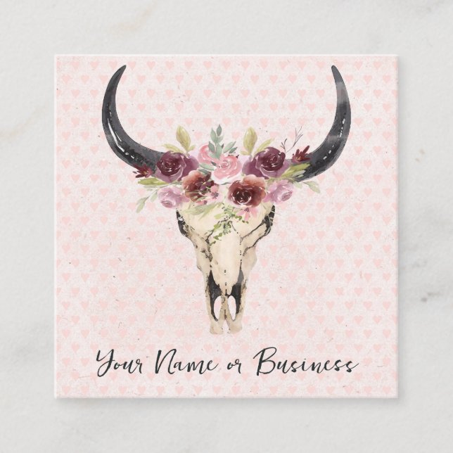 Boho Floral Cow Skull on Pink Hearts Background Square Business Card (Front)
