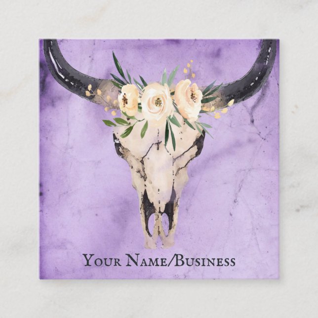 Boho Floral Cow Skull on Purple Background Square Business Card (Front)
