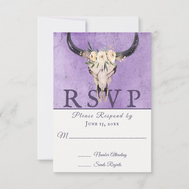 Boho Floral Cow Skull on Purple Background Wedding RSVP Card (Front)