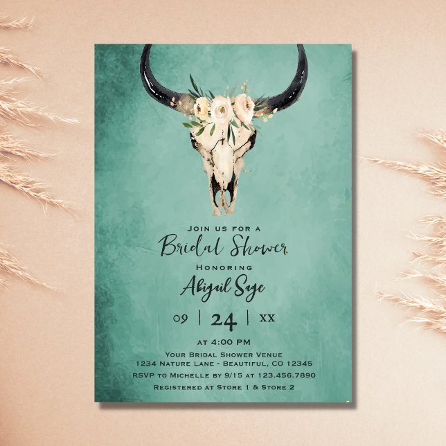 Boho Floral Cow Skull on Turquoise Bridal Shower Invitation (Creator Uploaded)