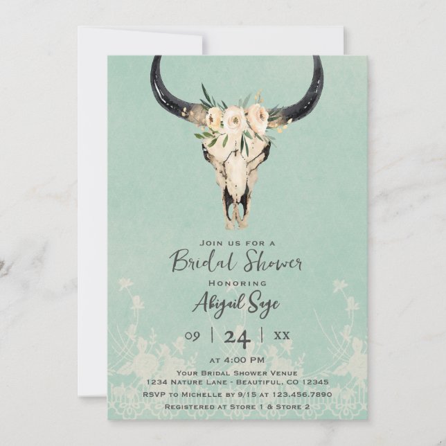 Boho Floral Cow Skull on Turquoise Bridal Shower Invitation (Front)