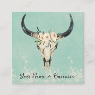 Boho Floral Cow Skull on Turquoise Square Business Card