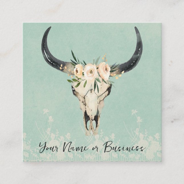 Boho Floral Cow Skull on Turquoise Square Business Card (Front)