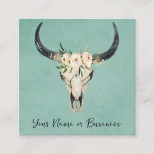 Boho Floral Cow Skull on Turquoise Square Business Card