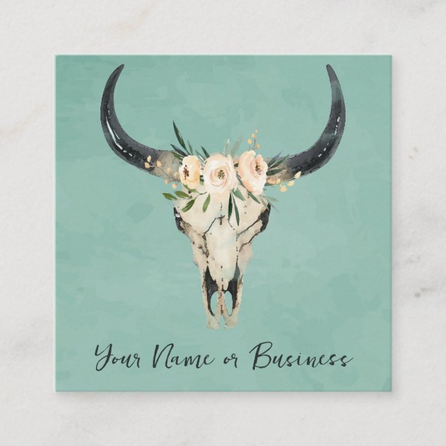 Boho Floral Cow Skull on Turquoise Square Business Card (Front)