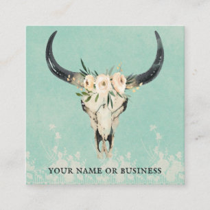 Boho Floral Cow Skull on Turquoise Square Business Card