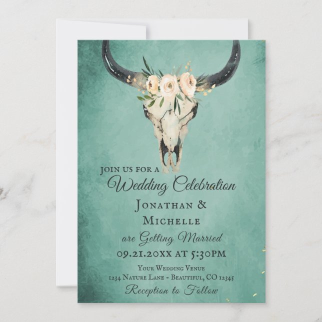 Boho Floral Cow Skull on Turquoise Wedding Invitation (Front)