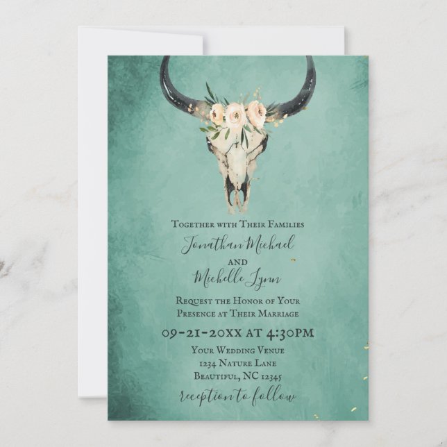 Boho Floral Cow Skull on Turquoise Wedding Invitation (Front)