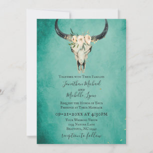Boho Floral Cow Skull on Turquoise Wedding Invitation