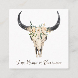Boho Floral Cow Skull on White Square Business Card