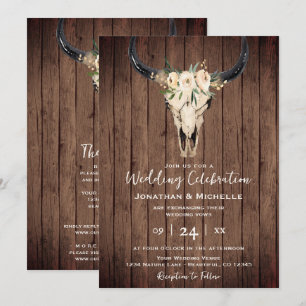 Boho Floral Cow Skull on Wood All in One Wedding Invitation