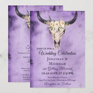 Boho Floral Cow Skull Purple All In One Wedding Invitation