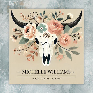 Boho Floral Cow Skull  Square Business Card