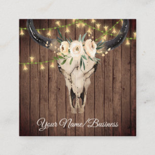 Boho Floral Cow Skull, String Lights on Barnwood Square Business Card
