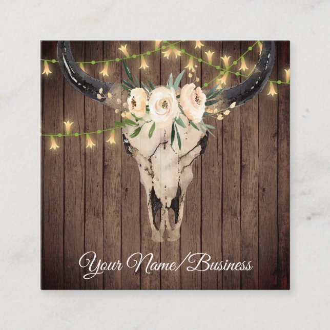 Boho Floral Cow Skull, String Lights on Barnwood Square Business Card (Front)