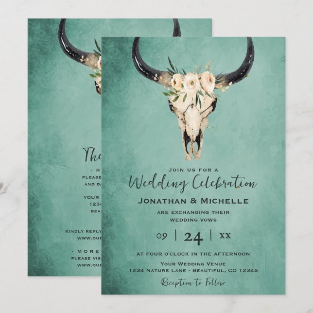 Boho Floral Cow Skull Turquoise All in One Wedding Invitation (Front/Back)