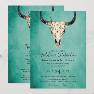 Boho Floral Cow Skull Turquoise All in One Wedding Invitation