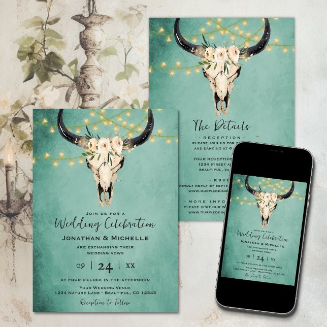 Boho Floral Cow Skull Turquoise All in One Wedding Invitation (Boho Floral Cow Skull Turquoise All in One Wedding Invitation
)