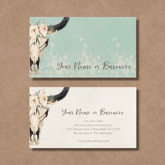 Boho Floral Cow Skull Turquoise and Cream Business Card (Creator Uploaded)