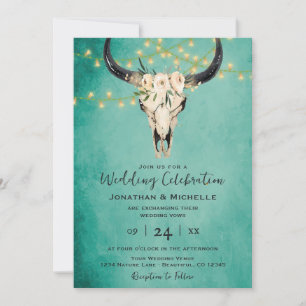 Boho Floral Cow Skull w/ Lights Turquoise Wedding Invitation