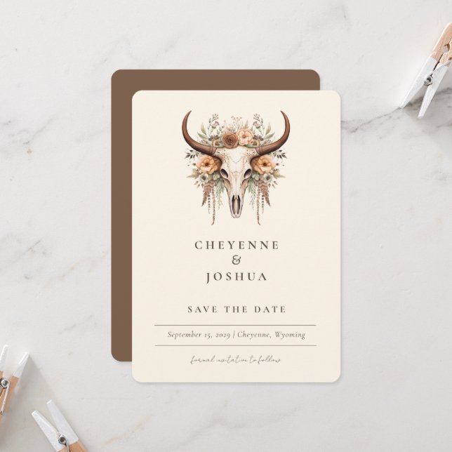 Boho Floral Cow Skull Western QRcode Save the Date Invitation (Front/Back In Situ)