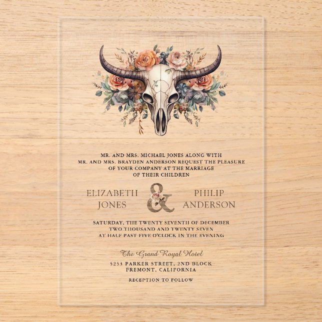 Boho Floral Cow Skull Western Wedding Acrylic Invitations (Front)
