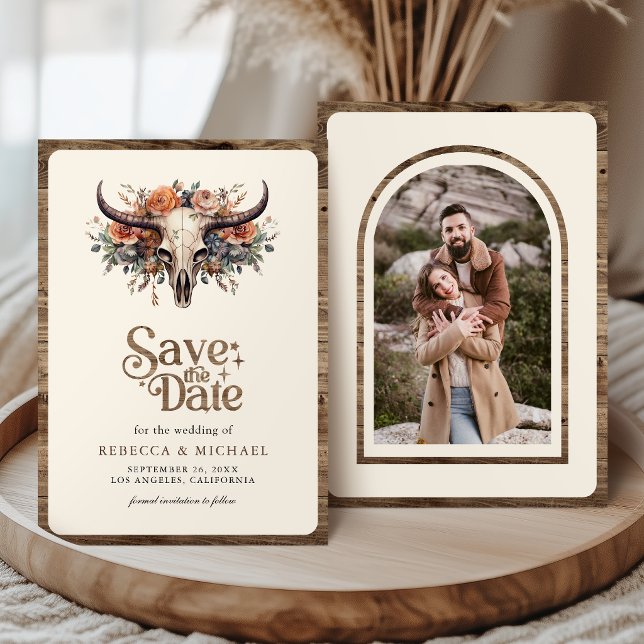 Boho Floral Cow Skull Western Wedding Photo Save The Date (Creator Uploaded)