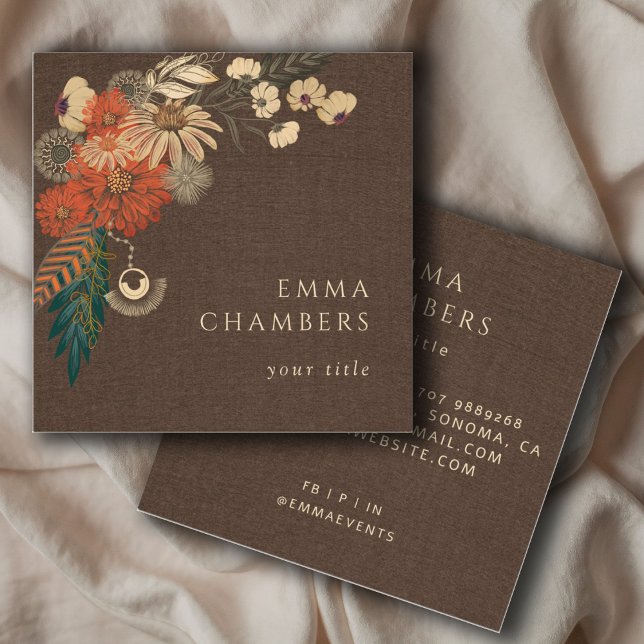 Boho Floral Cream Brown Linen Business Card (Creator Uploaded)