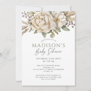 Boho Floral Cream White Baby Shower Invitation