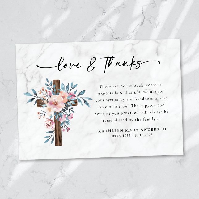 Boho Floral Cross Script Funeral Thank You Card (Creator Uploaded)