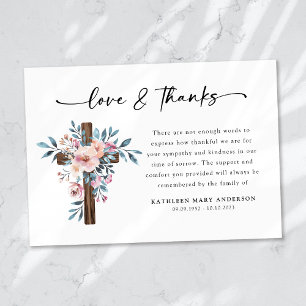 Boho Floral Cross Script Funeral Thank You Card