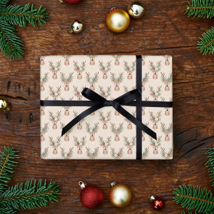 Boho floral crowned reindeer design wrapping paper sheet