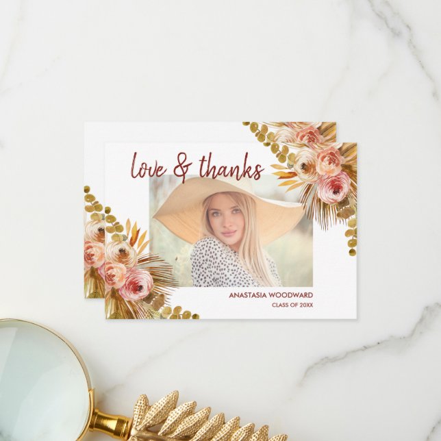 Boho Floral Custom Photo Graduation Thank You Card (Front/Back In Situ)