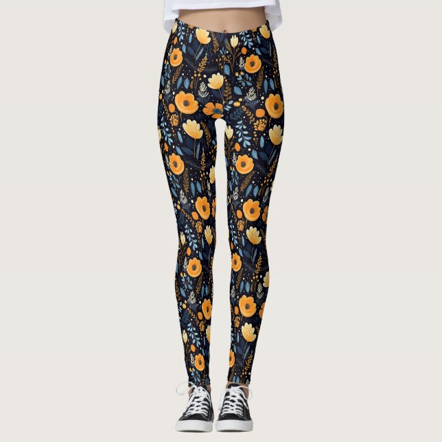 Boho Floral Cute Black Orange Blue Leggings (Front)